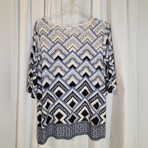 Navy, White, & Cream Geometric Women's Tunic Blouse - Picture 2 of 2